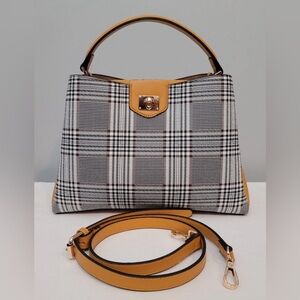 Tom & Eva Plaid Top-Handle Satchel Shoulder Bag Black White with Mustard Trim